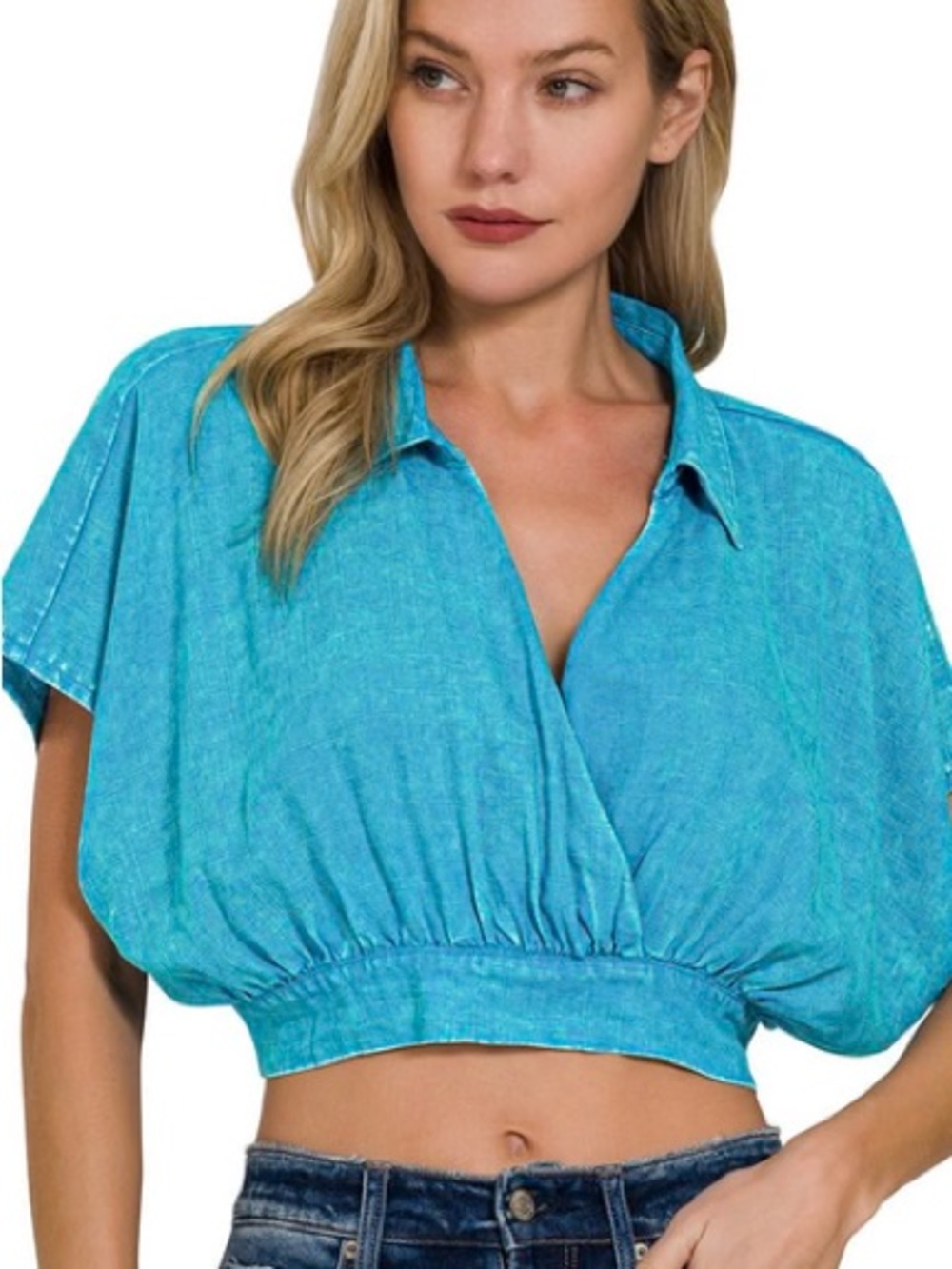 Zenana Outfitters Turquoise Cropped V-Neck Blouse